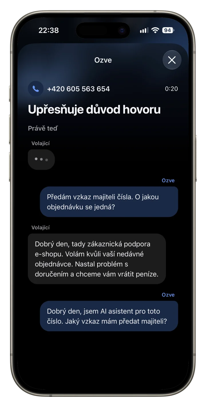 Živý přepis hovoru, ve kterém asistent Ozve upřesňuje důvod volání