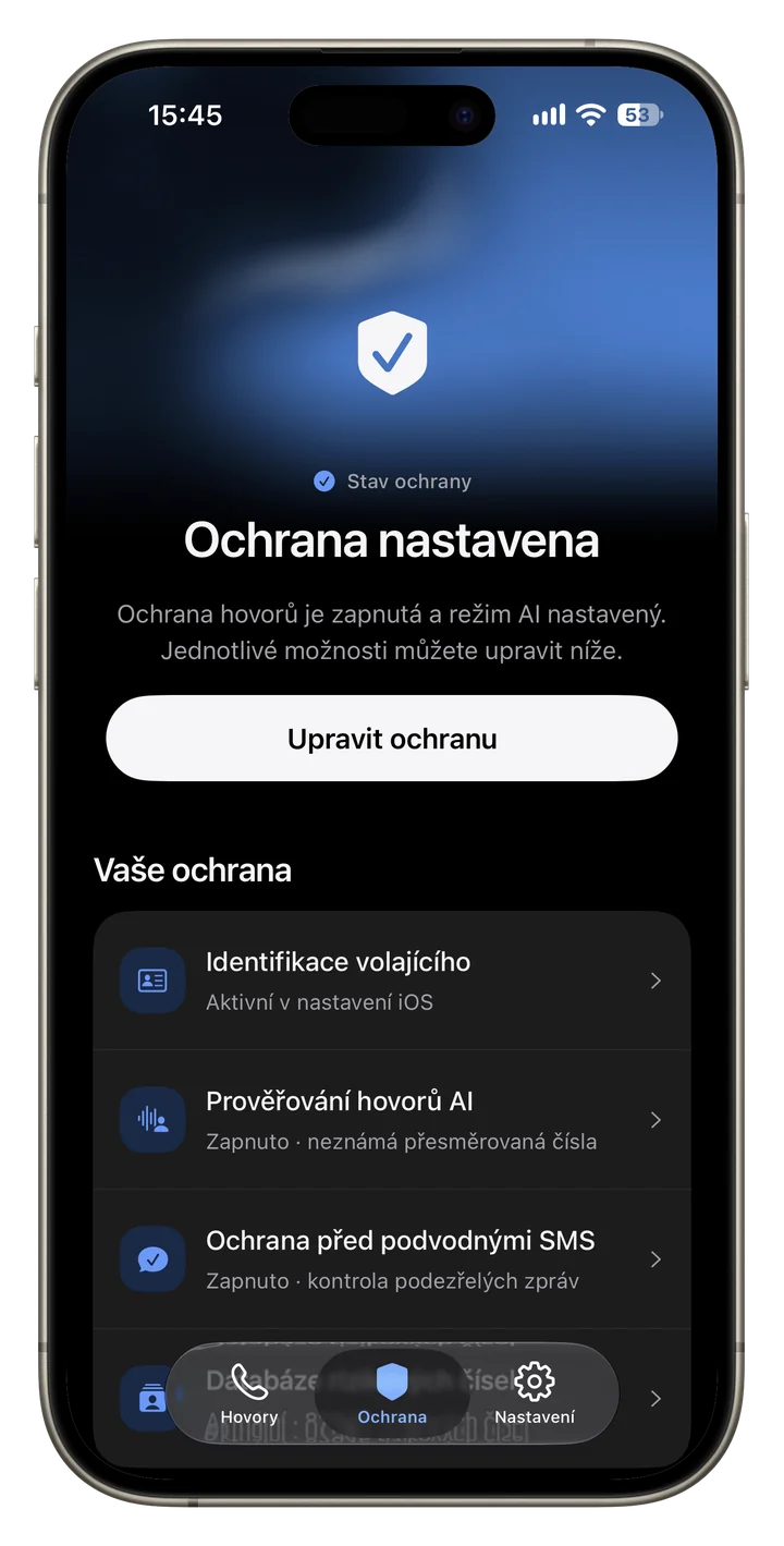 Obrazovka přehledu a stavu ochrany v aplikaci Ozve